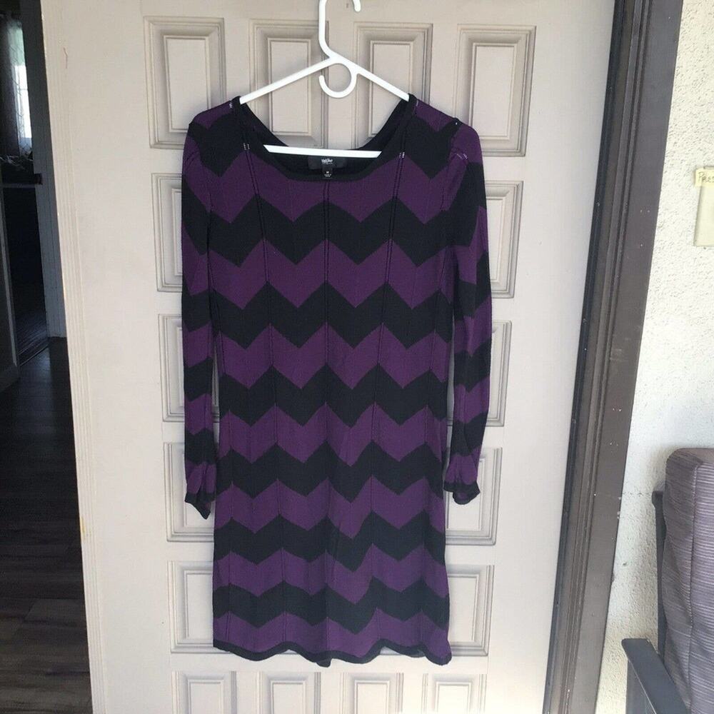 Mossimo Chevron Stripe Sweater Dress SzM Purp/Blk Long Sleeves Square Neck